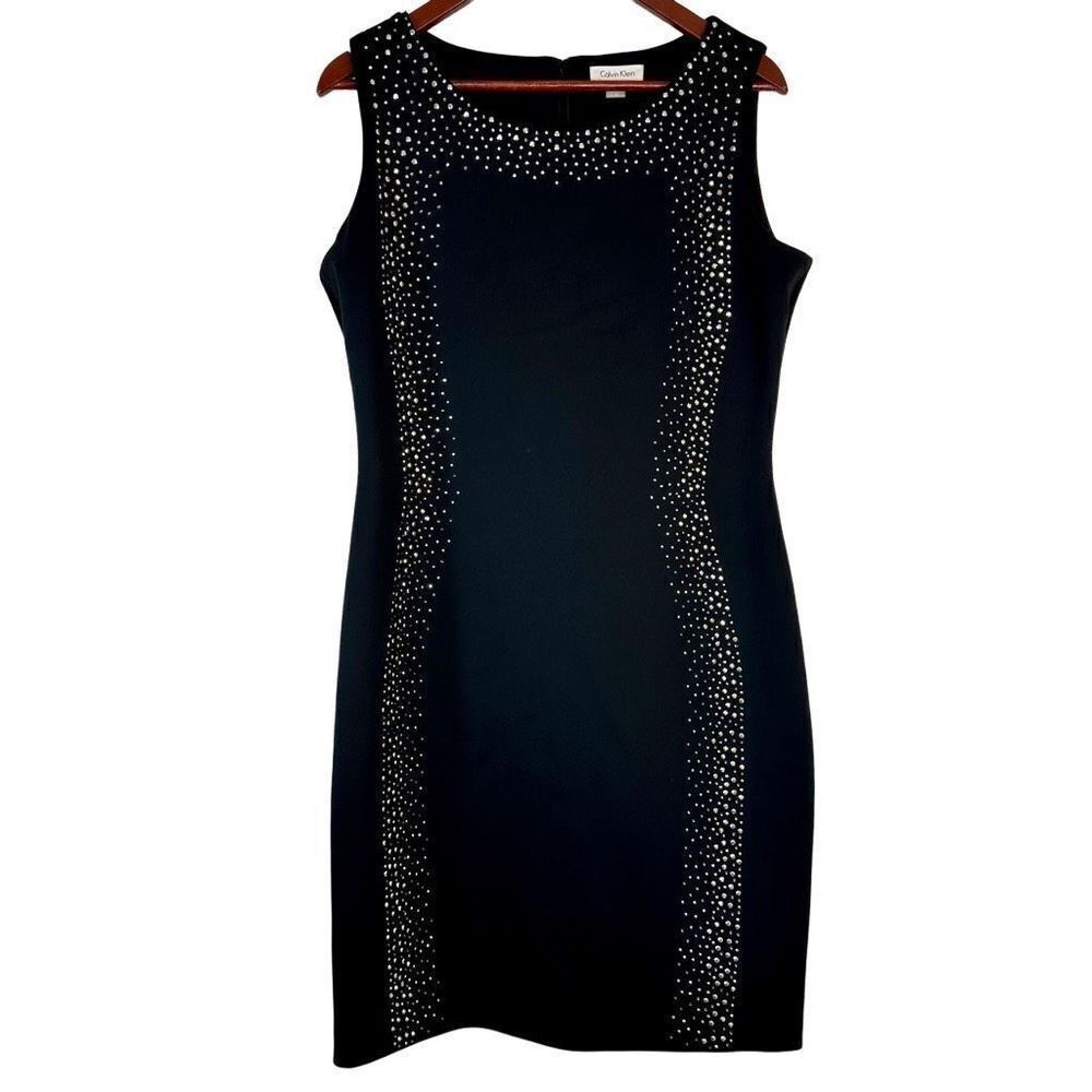 Calvin Klein Black Sequin Embellished Sheath Dress Womens 14 Sleeveless Glam